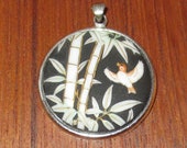 Vintage 1970 39 s Toshikane Porcelain Necklace Pendant - Bamboo With Bird Design - Signed