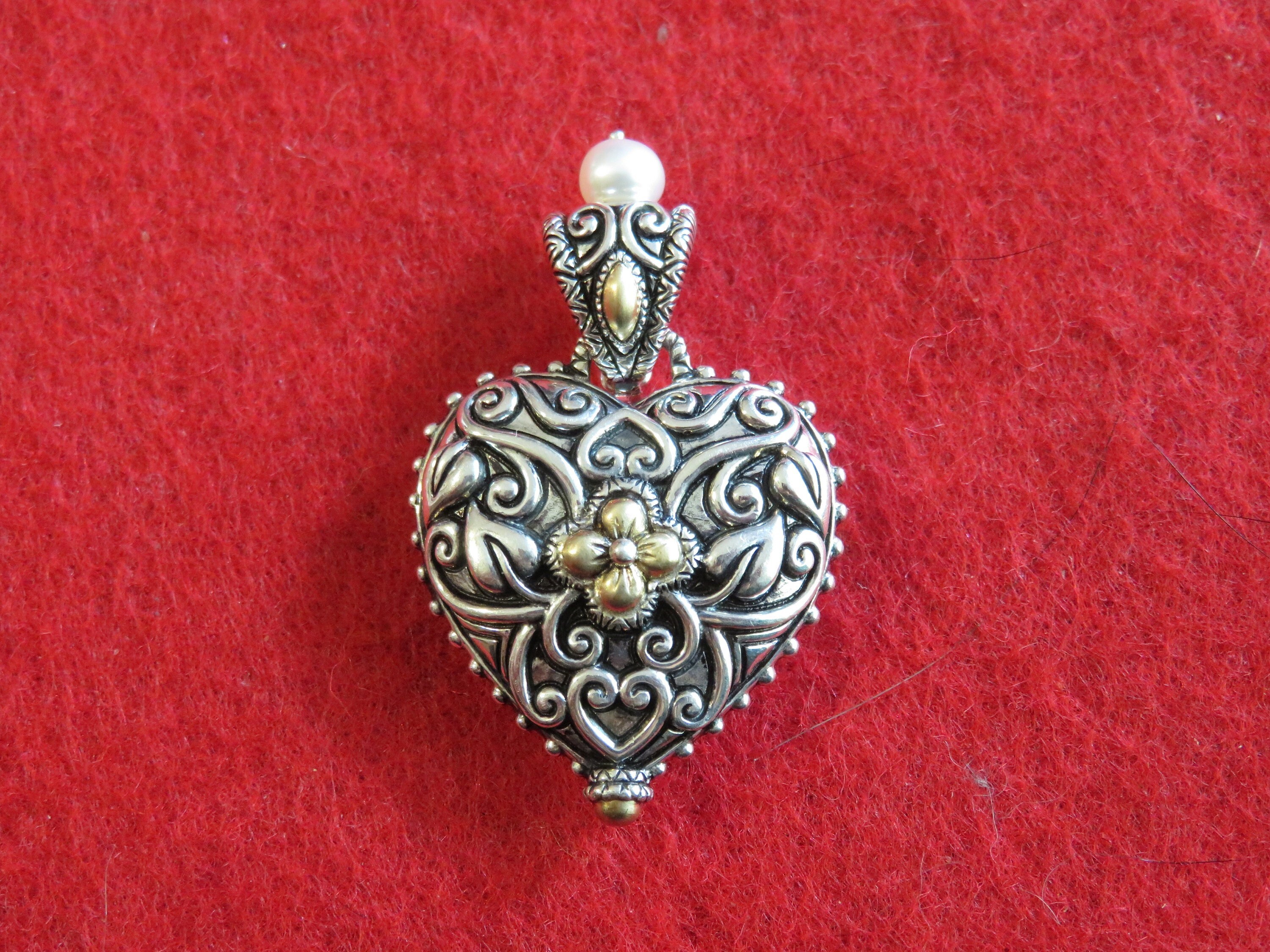 Gorgeous Barbara Bixby Floral Heart Sterling Silver 18 Karat Gold Highlight Necklace Enhancer Pendant