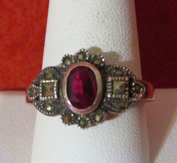 Large 1980's Sterling Silver Ladies Ruby & Marcas… - image 4