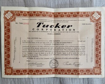 Original 1940's Tucker Corporation Automobile Car Company Stock Certificate