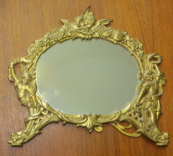 Antique Cast Brass Kissing Cherub Victorian Free Standing Mirror Nb Iw 2000