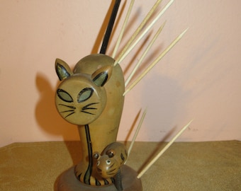 Mid Century 1950's Cat & Mouse Wooden Toothpick Holder Made In Japan