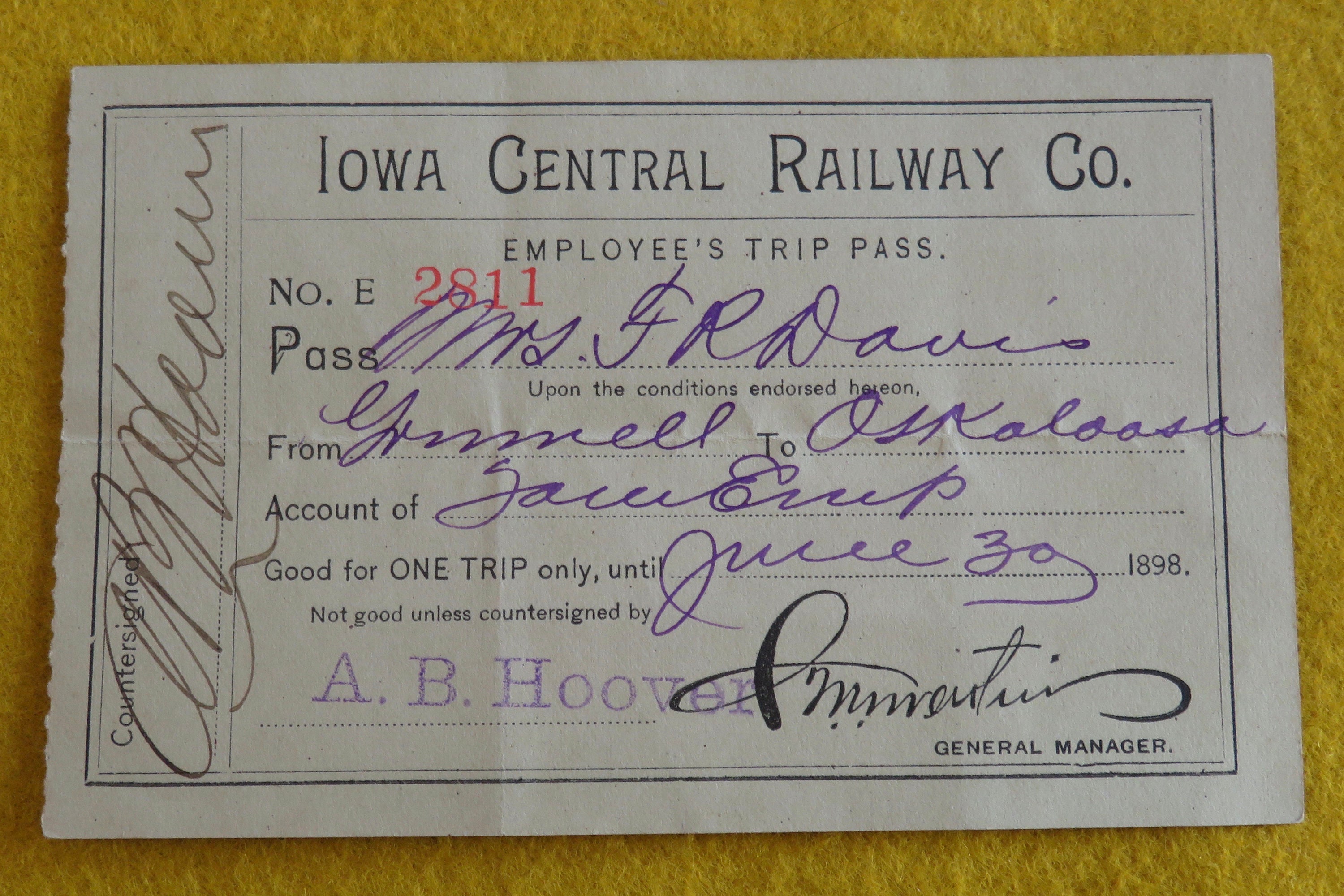 1898 Maine Central Railroad pass 1898 Maine Central Railroad pass