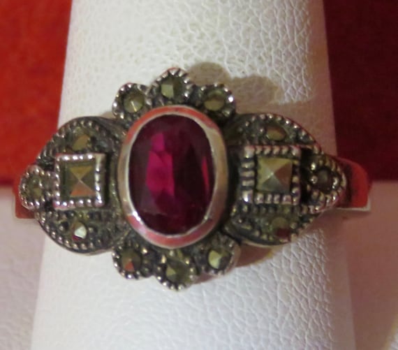 Large 1980's Sterling Silver Ladies Ruby & Marcas… - image 1