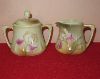 Antique RS Germany Floral Creamer & Sugar Bowl With Lid Set - Gorgeous