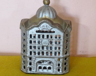 Antique 1920's Cast Iron Domed Bank Building Still Coin Bank