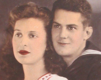 Love and War - 1940's World War II (ww II) Era US Sailor Boy and His Girl Hand Tinted Photo/Photograph