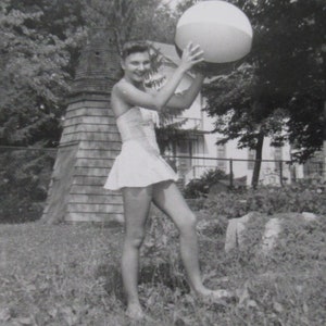 Beach Ball Fun - 1950&#39;s Young Woman At Play Snapshot Photo