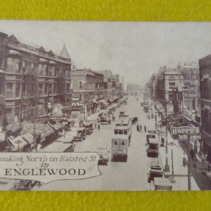Original 1900&#39;s Englewood Chicago Halsted Street Sepia Photo Postcard - Historic America Street Scene