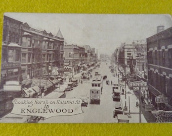 Original 1900's Englewood Chicago Halsted Street Sepia Photo Postcard - Historic America Street Scene