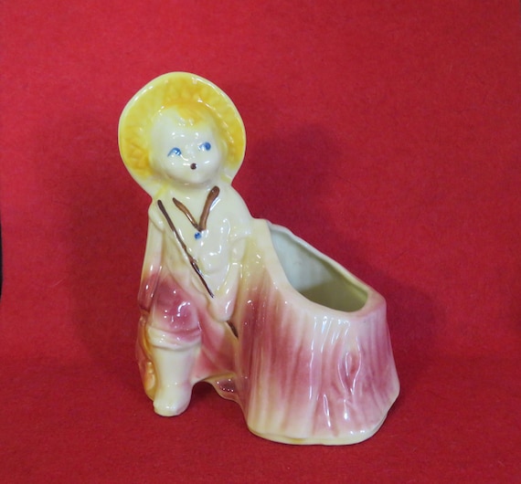 ceramics of huckleberry finn holding a fish pole Vintage 1950's Huckleberry Finn Little Boy Fisherman Straw Hat  Mini/miniature Planter