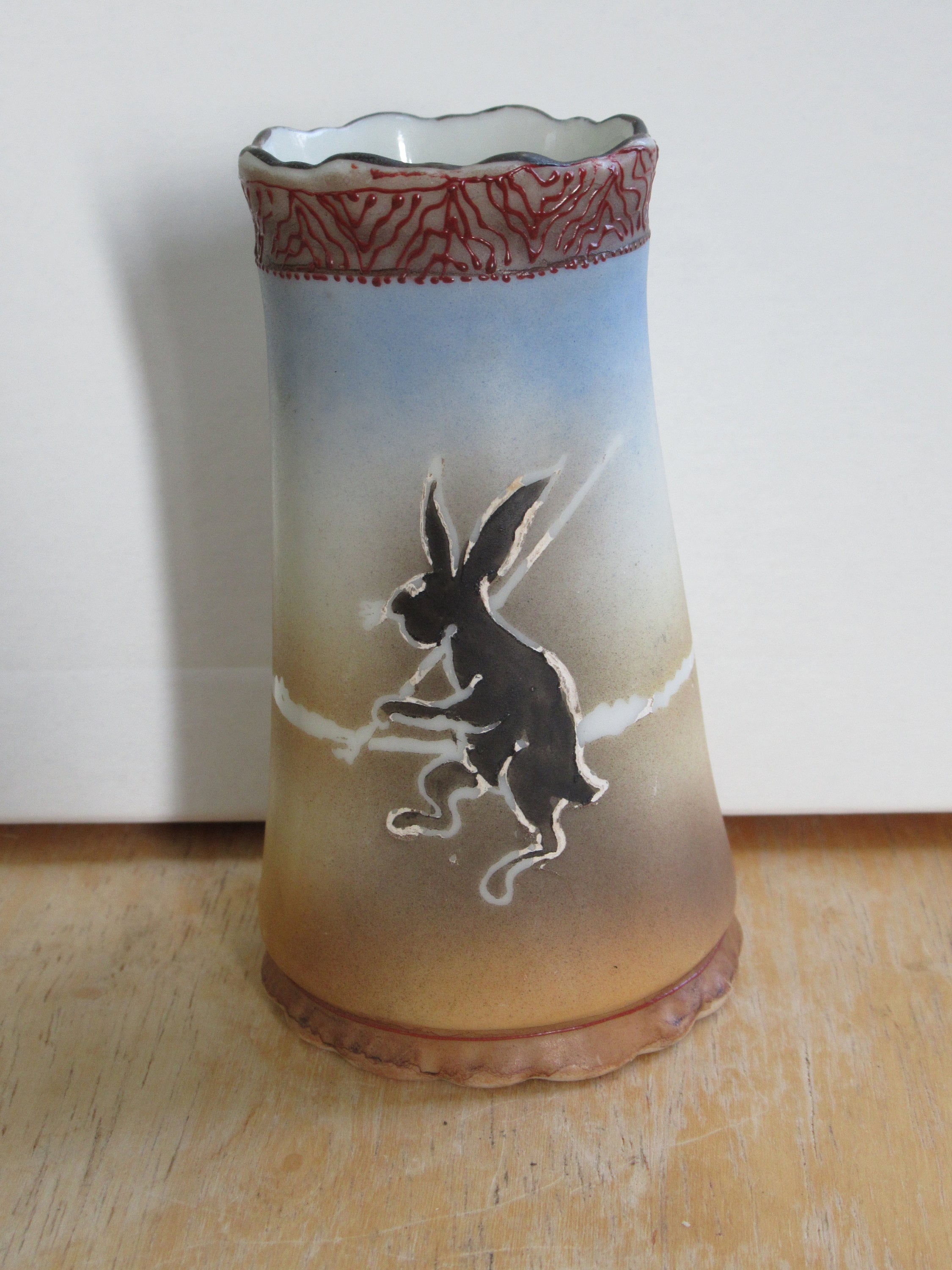 strange 1950's Porcelain Black Rabbit Made in Japan Hand Painted Vase