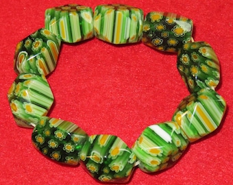 Vintage 1990's Murano Art Glass Green Millefiori Bracelet