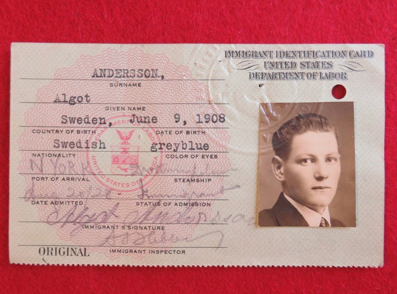 Obsolete 1920's US Immigrant Department Of Labor ID Identification Card With Photo image 1