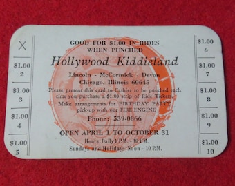 Vintage 1960's Hollywood Kiddieland Chicago Illinois Amusement Park Ride Ticket