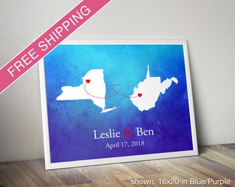 Two State Maps with Love Trail Watercolor Print- Long Distance Relationship Gift, Engagement Gift, Wedding Gift, Anniversary Gift