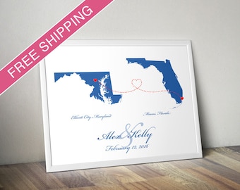 Custom Long Distance Relationship Connecting Hearts Print - Engagement Gift, Wedding Gift, Deployment Gift, Paper Anniversary Gift