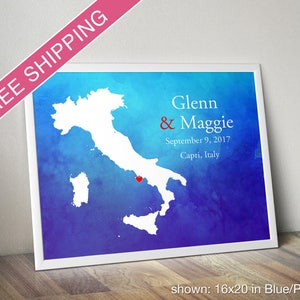 Custom Italy Map with Watercolor Background: Italy Wedding, Engagement Gift, Wedding Guest Book, Wedding Gift, Paper Anniversary Gift 画像 1