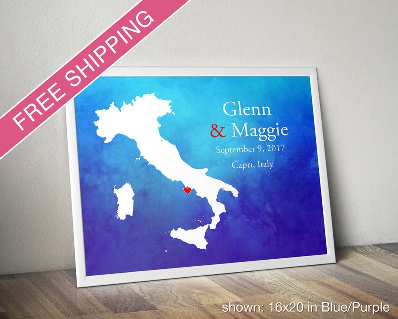 Custom Italy Map with Watercolor Background: Italy Wedding, Engagement Gift, Wedding Guest Book, Wedding Gift, Paper Anniversary Gift image 1