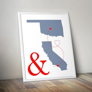 Custom Two States Art Print His and Hers Hometowns Engagement Gift, Wedding Gift , Paper Anniversary Gift, Long Distance Relationship Gift image 3