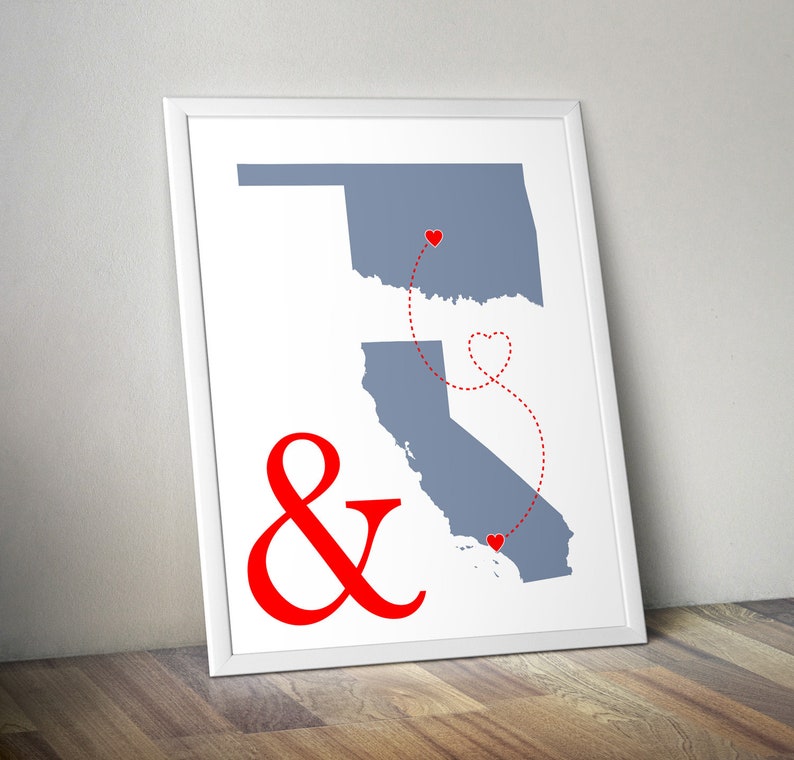 Custom Two States Art Print His and Hers Hometowns Engagement Gift, Wedding Gift , Paper Anniversary Gift, Long Distance Relationship Gift image 3