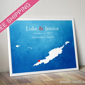 Custom Anguilla Map with Watercolor Background: Anguilla Wedding, Engagement Gift, Wedding Guest Book, Wedding Gift, Paper Anniversary Gift