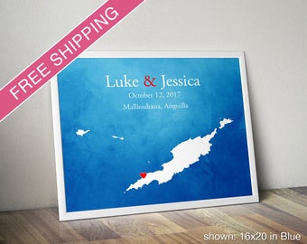 Custom Anguilla Map with Watercolor Background: Anguilla Wedding, Engagement Gift, Wedding Guest Book, Wedding Gift, Paper Anniversary Gift