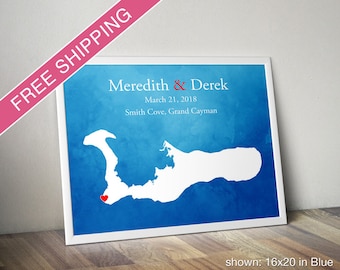 Custom Grand Cayman Map with Watercolor Background: Grand Cayman Wedding, Engagement Gift, Wedding Guest Book, Wedding Gift Anniversary Gift