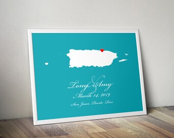 Personalized Puerto Rico Map: Custom Puerto Rico Wedding, Engagement Gift, Wedding Guest Book, Wedding Gift, Paper Anniversary Gift