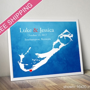 Custom Bermuda Map with Watercolor Background: Bermuda Wedding, Engagement Gift, Wedding Guest Book, Wedding Gift, Paper Anniversary Gift