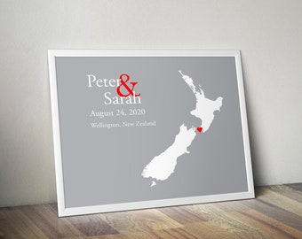 Personalized New Zealand Map: Custom New Zealand Wedding, Engagement Gift, Wedding Guest Book, Wedding Gift, Paper Anniversary Gift