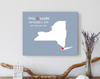 Personalized New York Map: Custom New York Wedding, Engagement Gift, Wedding Guest Book, Wedding Gift, Paper Anniversary Gift