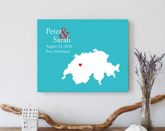 Personalized Switzerland Map: Custom Switzerland Wedding, Engagement Gift, Wedding Guest Book, Wedding Gift, Paper Anniversary Gift