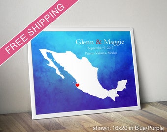 Custom Mexico Map with Watercolor Background: Mexico Wedding, Engagement Gift, Wedding Guest Book, Wedding Gift, Paper Anniversary Gift
