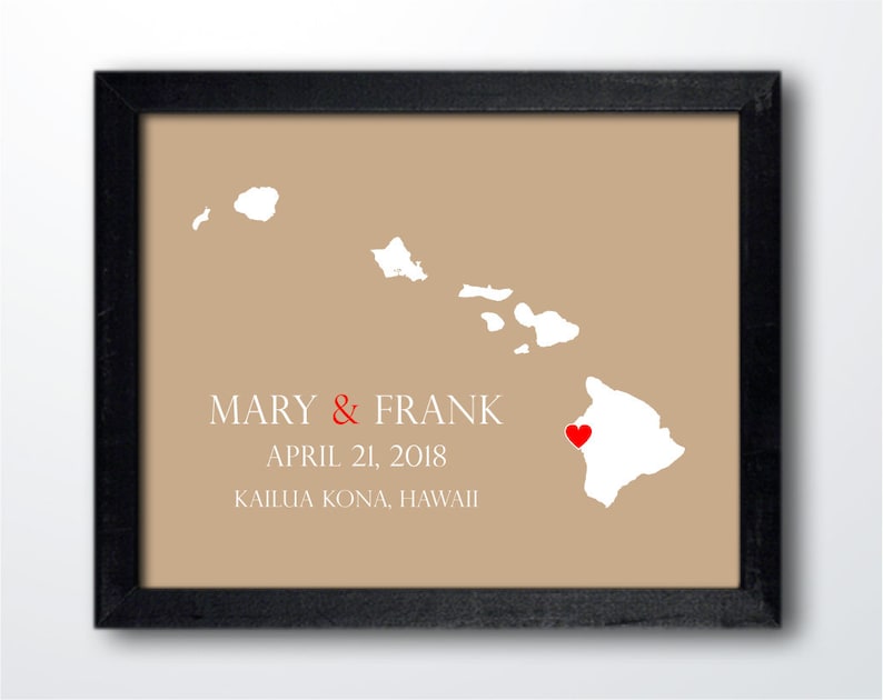 Personalized Hawaii Map: Custom Hawaii Wedding Paper Anniversary Gift Wedding Guest Book Engagement Gift Wedding Gift