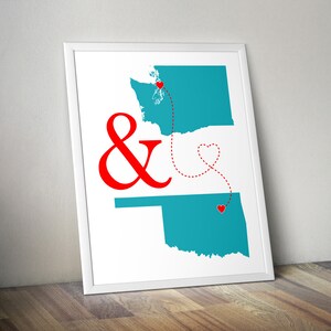 Custom Two States Art Print His and Hers Hometowns Engagement Gift, Wedding Gift , Paper Anniversary Gift, Long Distance Relationship Gift image 2
