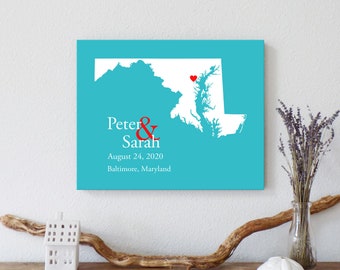 Personalized Maryland Map: Custom Maryland Wedding, Engagement Gift, Wedding Guest Book, Wedding Gift, Paper Anniversary Gift