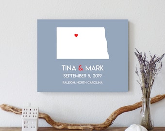 Personalized North Dakota Map: Custom North Dakota Wedding, Engagement Gift, Wedding Guest Book, Wedding Gift, Paper Anniversary Gift