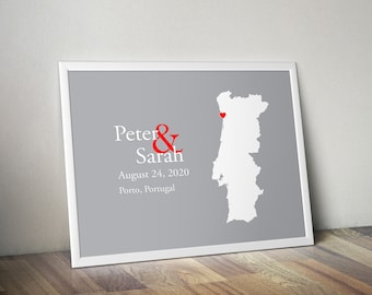 Personalized Portugal Map: Custom Portugal Wedding, Engagement Gift, Wedding Guest Book, Wedding Gift, Paper Anniversary Gift