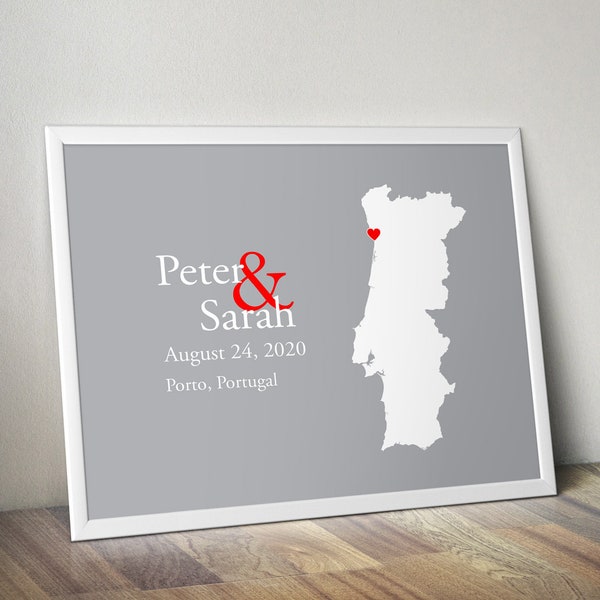 Personalized Portugal Map: Custom Portugal Wedding, Engagement Gift, Wedding Guest Book, Wedding Gift, Paper Anniversary Gift