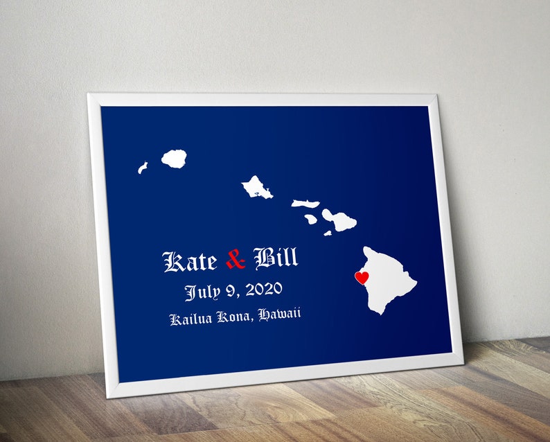 Personalized Hawaii Map: Custom Hawaii Wedding Paper Anniversary Gift Wedding Guest Book Engagement Gift Wedding Gift