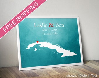 Custom Cuba Map with Watercolor Background: Cuba Wedding, Engagement Gift, Wedding Guest Book, Wedding Gift, Paper Anniversary Gift