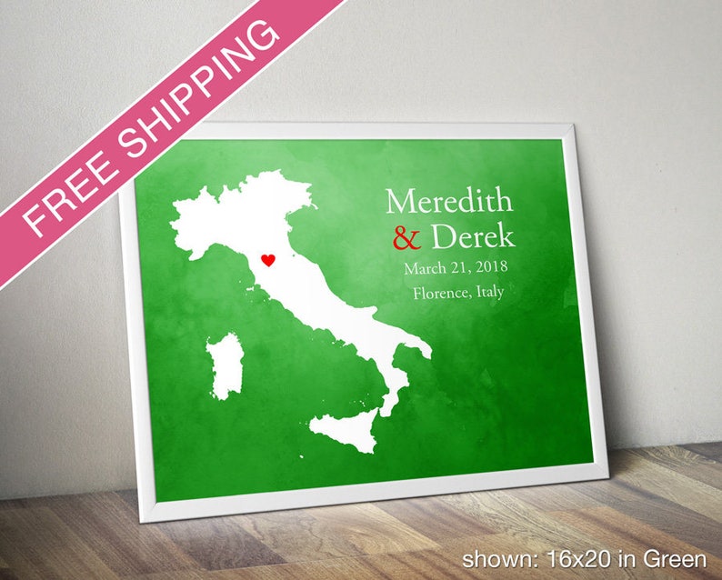 Custom Italy Map with Watercolor Background: Italy Wedding, Engagement Gift, Wedding Guest Book, Wedding Gift, Paper Anniversary Gift 画像 2