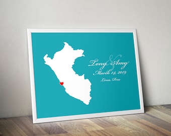 Personalized Peru Map: Peru Wedding, Engagement Gift, Wedding Guest Book, Wedding Gift, Paper Anniversary Gift