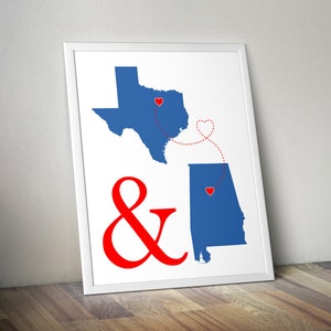 Custom Two States Art Print - His and Hers Hometowns Engagement Gift, Wedding Gift , Paper Anniversary Gift, Long Distance Relationship Gift