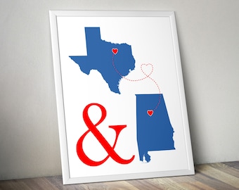 Custom Two States Art Print - His and Hers Hometowns Engagement Gift, Wedding Gift , Paper Anniversary Gift, Long Distance Relationship Gift