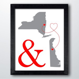 Custom Two States Art Print His and Hers Hometowns Engagement Gift, Wedding Gift , Paper Anniversary Gift, Long Distance Relationship Gift image 5