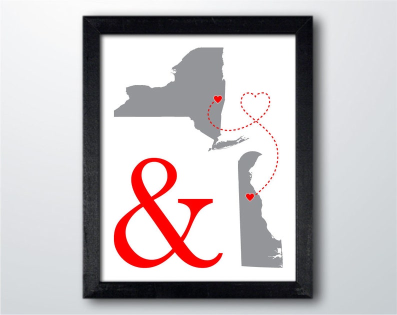 Custom Two States Art Print His and Hers Hometowns Engagement Gift, Wedding Gift , Paper Anniversary Gift, Long Distance Relationship Gift image 5