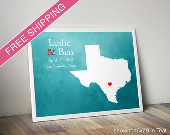 Custom Texas Map with Watercolor Background: Texas Wedding, Engagement Gift, Wedding Guest Book, Wedding Gift, Paper Anniversary Gift