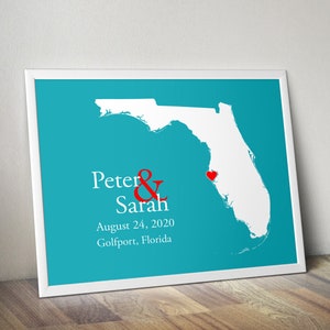 Gepersonaliseerde kaart van Florida: Custom Florida Wedding, Engagement Gift, Wedding Guest Book, Wedding Gift, Paper Anniversary Gift